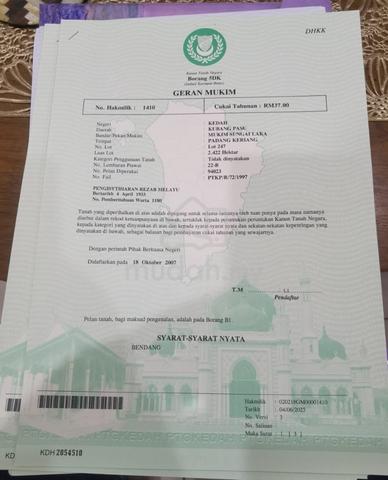 tanah bendang untuk dijual di padang keriang, changlun kedah 1