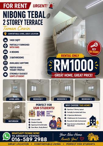 Nibong Tebal 2 Storey Terrace for Rent Taman Cowin 1