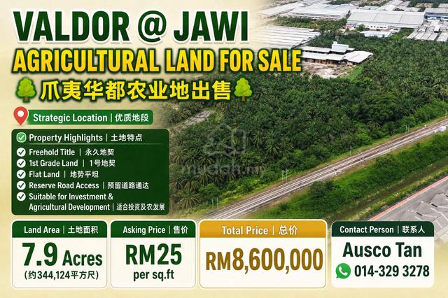 7.9 Acre Valdor Land @ Jawi Freehold 1st Grade Argiculture Land 1