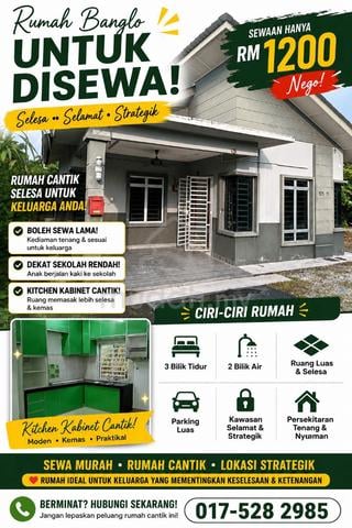 RUMAH SEWA BANGLO, KITCHEN CABINET FULL, DeKAT SEKOLAH RENDAH 1