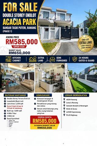 ACACIA BANDAR TASIK PUTERI RAWANG ❗Double Storey Endlot ❗Extra land 1