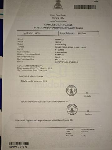 Tapak Lot Pulau indah (Westport) masuk nama dalam gran 1