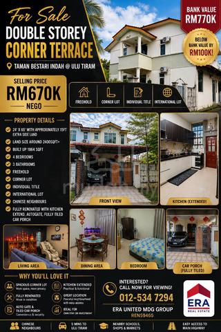 Ulu Tiram Rare Corner Lot For Sale @ Taman Bestari Indah 1