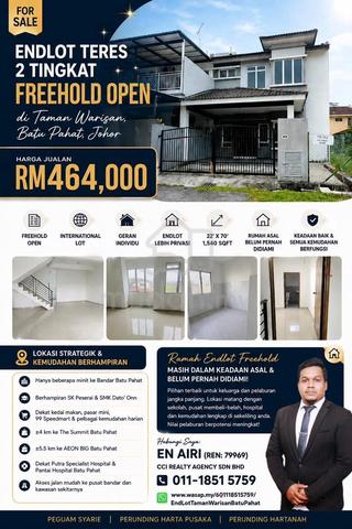 ENDLOT TERES 2 TINGKAT FREEHOLD OPEN di TAMAN WARISAN, BATU PAHAT 1