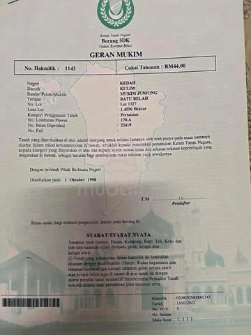Tanah Dusun Durian 3.6 Ekar Untuk Dijual, Mukim Junjong, Kulim (NEGO) 1