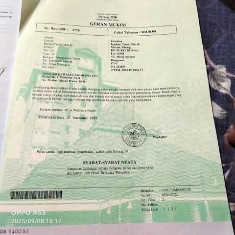 Tanah Lot Banglo Keluasan 5,050kp2 Di Kg. Bkt Bunga, T.Merah 1