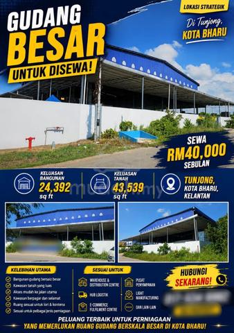 (Tunjong,Kota Bharu) Gudang Besar Untuk Di sewa Lokasi Strategik 1