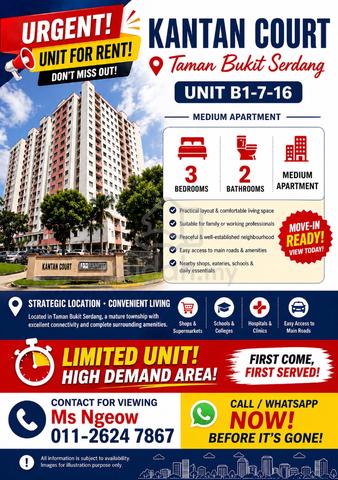 HOUSE FOR RENT At KANTAN COURT Nearby Taman Bukit Serdang 1
