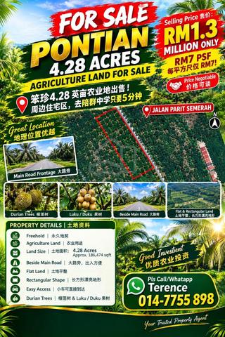 Jalan Parit Semerah Pontian 4.28 Acres Agriculture Land For Sale 1