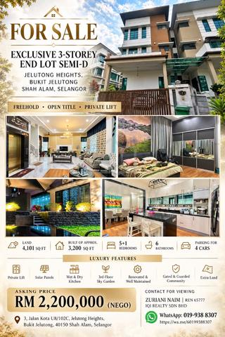 For Sale | Exclusive 3-Storey End Lot Semi D, Bukit Jelutong Shah Alam 1