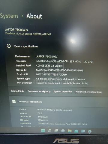 Asus A407M

Intel celeron N4000 1.1Ghz

Windows 11 - photo 2 of 6