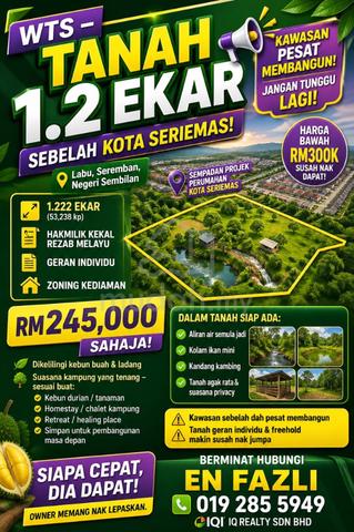 Tanah seluas 1.2 ekar termurah di Labu, Nilai N9 hanya 245k 1