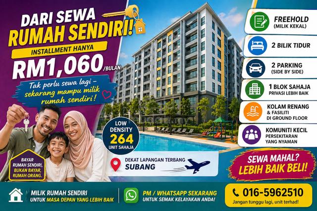 1st Home 100% loan @ RM1K/mth |Near Subang Airport (Freehold) 1