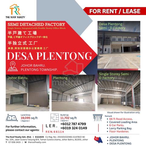 Factory in Plentong. Covered Loading Area. 66 feet Road Access. 1