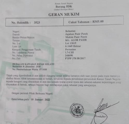 Lot Banglo Untuk Dijual – Kg Alor Pasir, Pasir Puteh, Kelantan 1