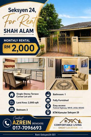 Seksyen 24, Shah Alam for Rent - Corner Lot. Fully Furnished 1