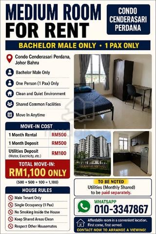 Medium Room for Rent- Condo Cenderasari Perdana (BlockA) 1