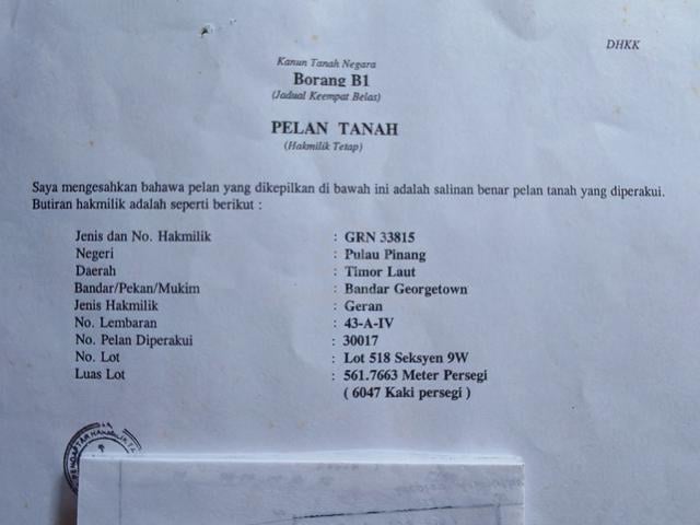 Lot Tanah Untuk Dijual (Geran Kongsi/Bersama) 1