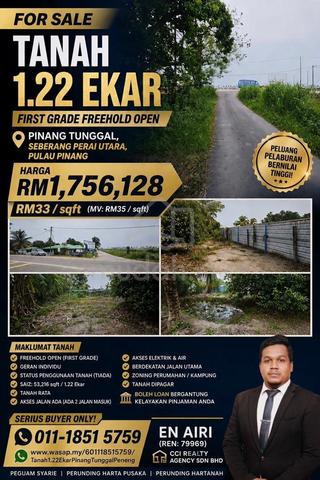 TANAH 1.22 EKAR FREEHOLD OPEN (FIRST GRADE) di PINANG TUNGGAL PENENG 1
