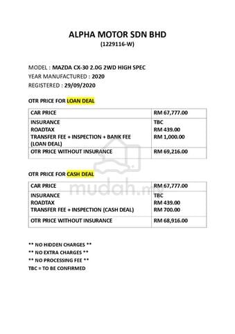 Mazda CX-30 2.0 G HIGH HARGA LELONG PLATE 3377 - 3