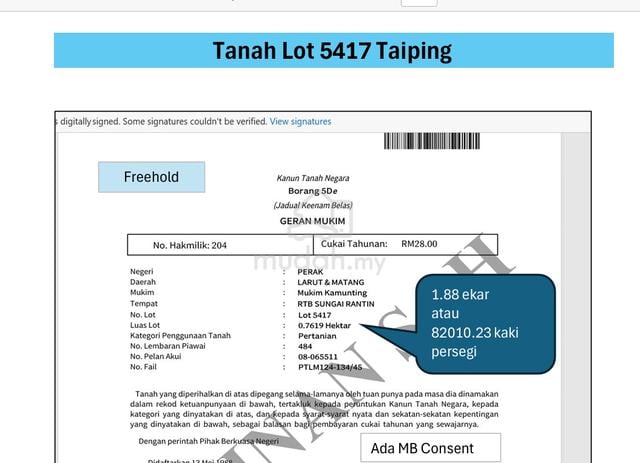 Freehold Land for Future Investment At Taiping Area 1