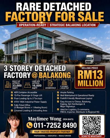 Balakong Cheras Jaya Industrial 3 Storey Detached Factory For Sale 1