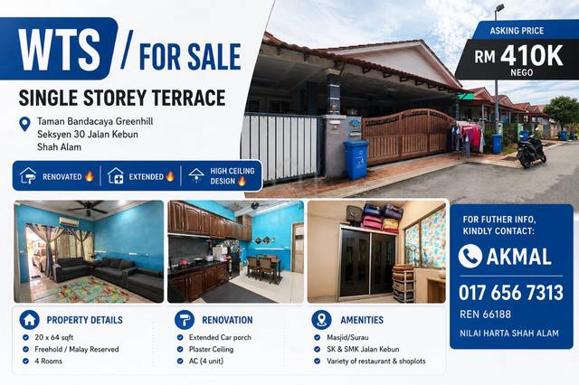 Renovated 🔥 Full Loan✅ 1-Storey Terrace Taman Bandacaya Jalan Kebun 1