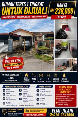 {Termurah} Freehold Below MV Teres 1 Tingkat Taman Gadong Jaya, Labu 1