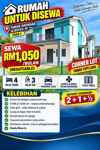 Rumah Corner Lot Untuk Disewa-Taman Arowana Scientex Sp 1