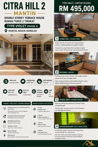 Violet Citra Hill 2|Mantin / Pajam|2 Storey Terrace|Freehold. Bumi Lot 1