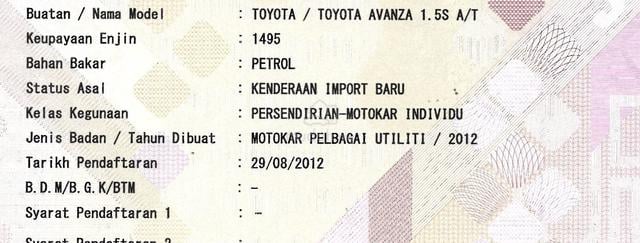 CASH OTR 2012 Toyota AVANZA 1.5 S (A)1THN WARRANTY - 2