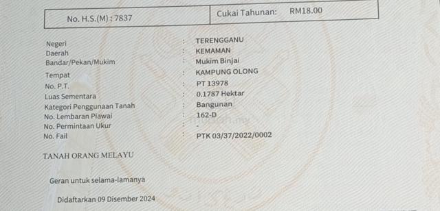 Tanah Grade AAA Untuk Dijual di Binjai Kemaman. 1