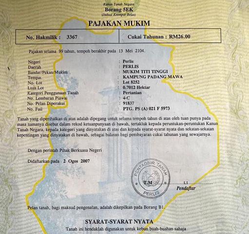 TANAH UNTUK DIJUAL KAMPUNG PADANG MAWA, MUKIM TITI TINGGI, PERLIs 1