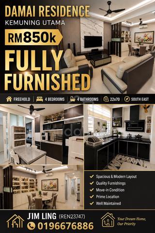 Fully Furnished, Damai Residence, Kemuning Utama 1