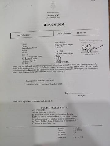 Tanah Geran Individu Permatang Pasir 1