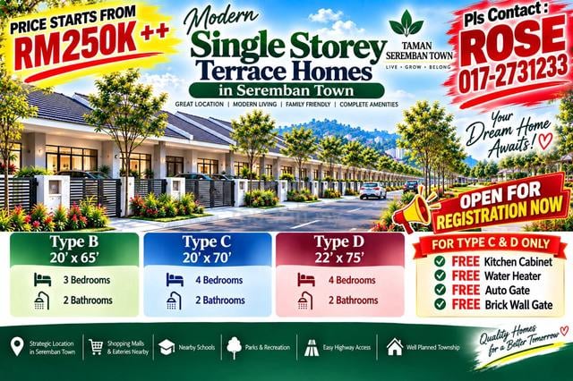 Super Value New Single Storey Terrace Homes in Seremban Town 1