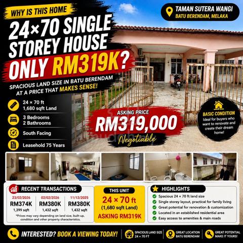 24x70 Single Storey Terrace House Taman Sutera Wangi Batu Berendam 1