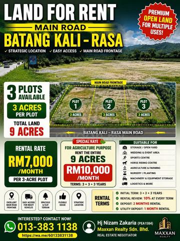 3 Acres Land for Rent | Main Road Batang Kali-Rasa | Commercial & Agri 1