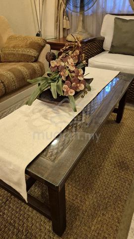 Wooden Coffee Table with Glass Top & Woven Rattan  - photo 6 of 6