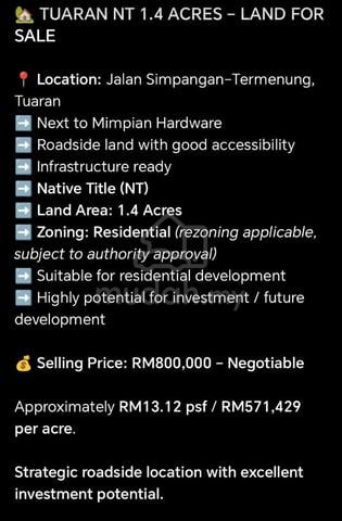 Tuaran NT 1.4 Acre Roadside 1