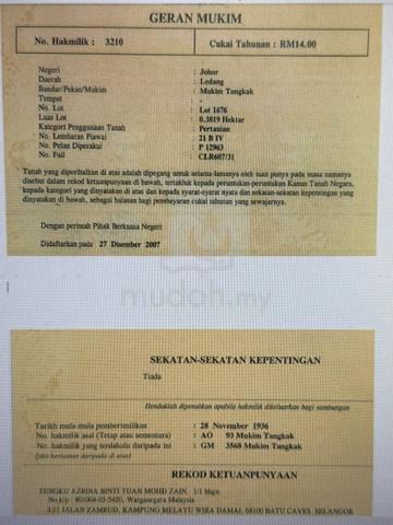 Tanah Tangkak, Johor, di Kampung Padang Lerek, Tangkak untuk Dijual 1