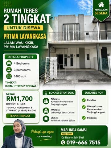 Rumah Teres 2 Tingkat untuk DISEWA- BANDAR LAYANGKASA 1