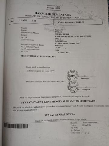 Tanah 2 ekar beserta rumah keluasan 950 sq ft di nenasi 1