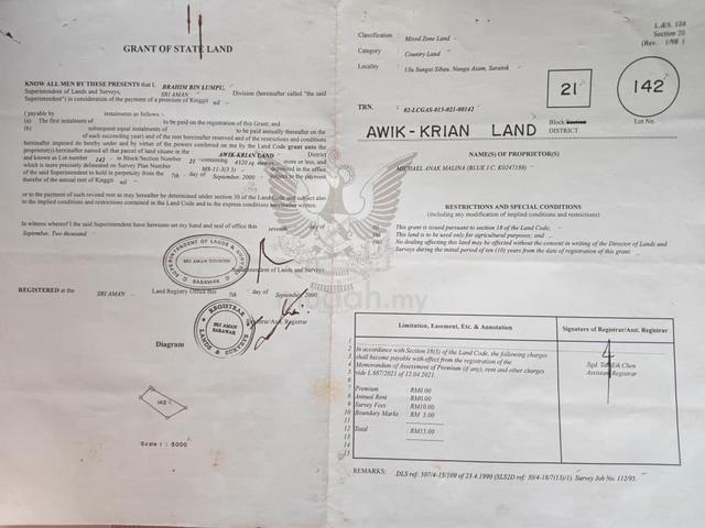 LOT 142, Block 21, Saratok Awik Krian Land, Cheap Sell 1