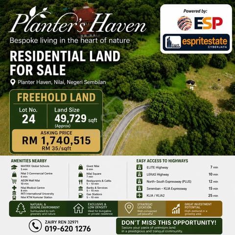 FREEHOLD RESIDENTIAL Land FOR Sale @ PLANTER'S HAVEN, NILAI, N9 1