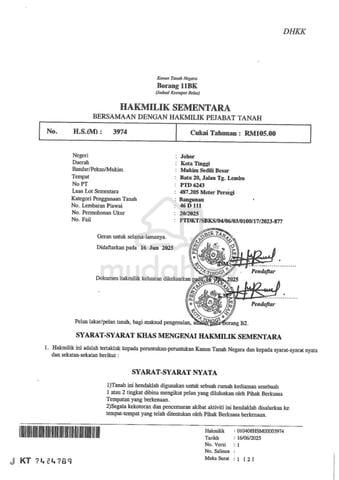 [Untuk Dijual] Kota Tinggi Tanah Lot Banglo Geran Individu Freehold 1