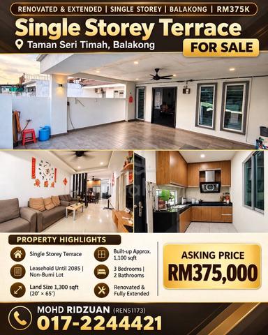 EXTENDED Single Storey Terrace, Taman Seri Timah, Balakong FOR SALE 1