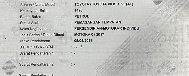 2017 Toyota VIOS 1.5 E (A) [SERVICE RECORD] - 2