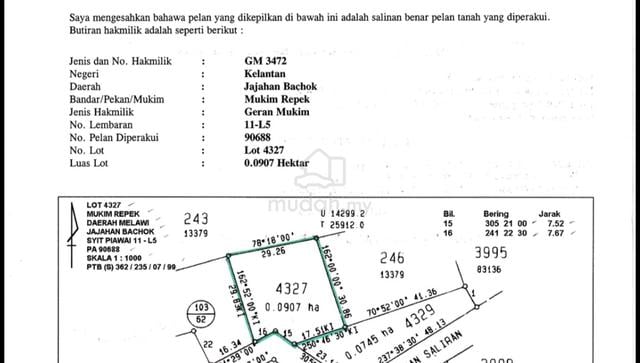 tanah untuk dijual, mukim repek, bachok 1