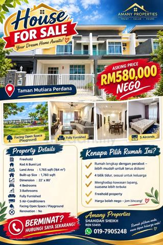 Facing Open Fully Furnished Taman Mutiara Perdana 1